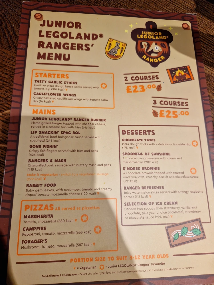Legoland Windsor Woodland Village Clubhouse Menu