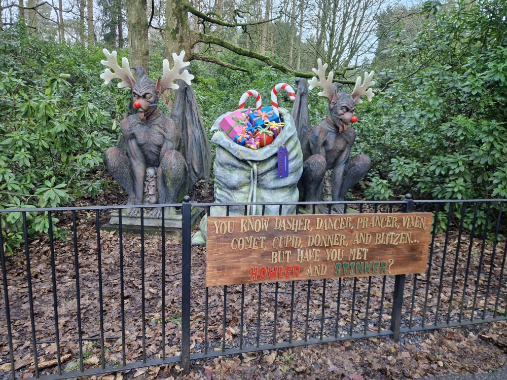 Alton Towers Christmas decorated gargoyles